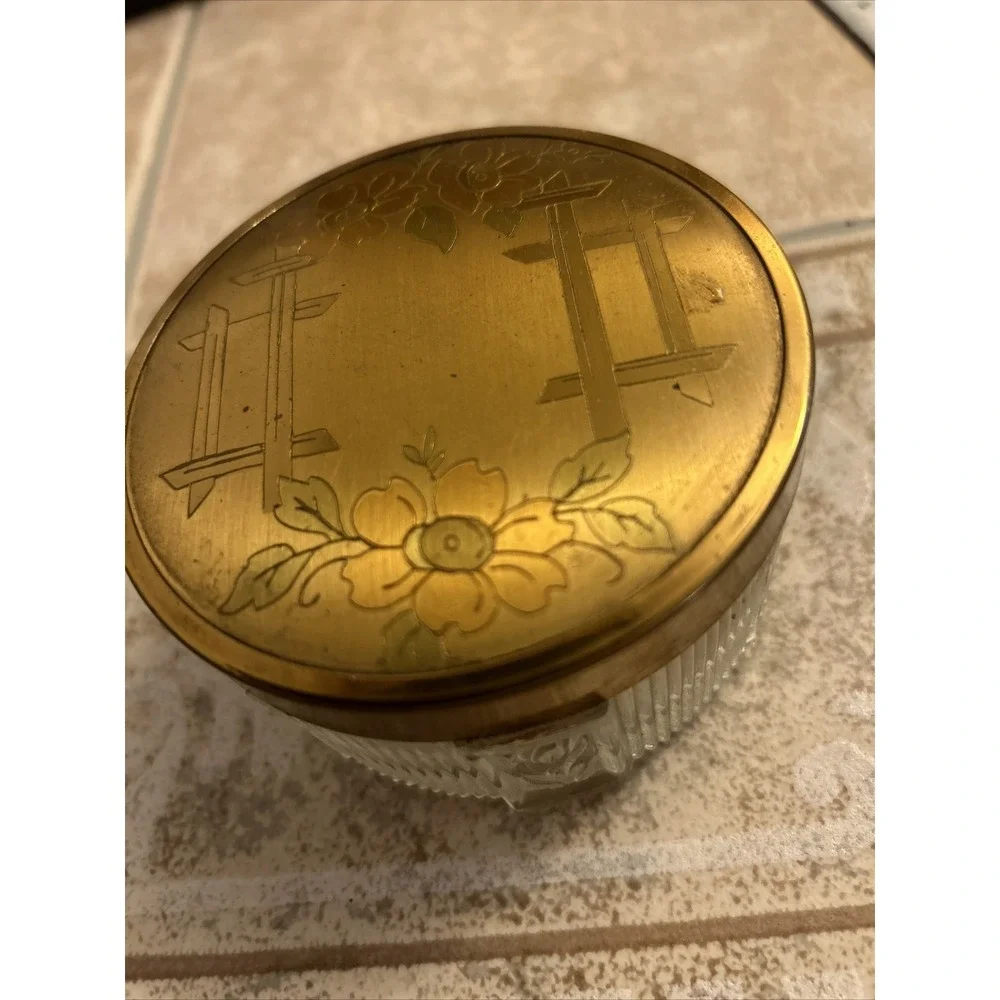 1940's Rose Gold Tone Lid Glass Trinket Box‎ Compact Dresser